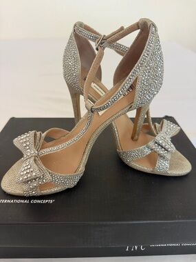 INC International Concepts Crystal-Embellished Bow T-Strap Heels - Silver